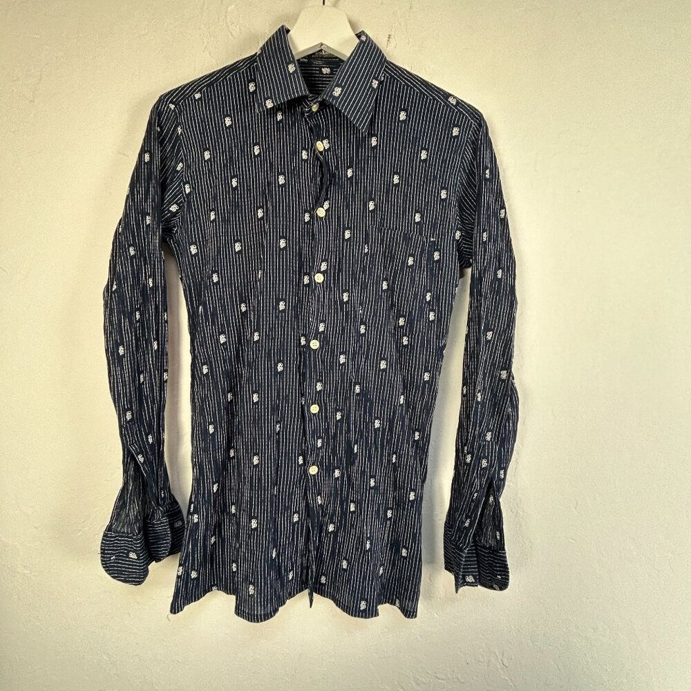 St. Ives Mens Navy White Striped Blue Button-Up Oxford Shirt Long Sleeve Casual